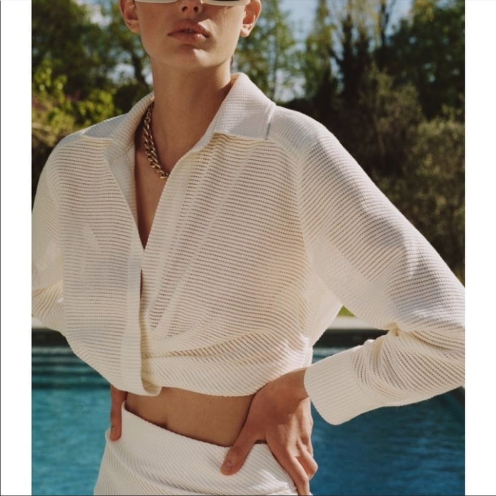 Zara draped crop top and draped midi skirt, size XS, oyster white, new with tags